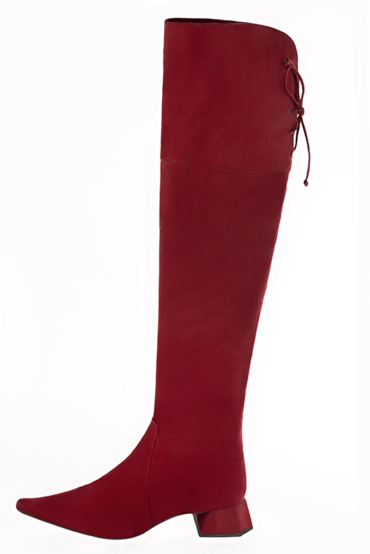 Burgundy red women's leather thigh-high boots. Pointed toe. Low flare heels. Made to measure. Profile view - Florence KOOIJMAN